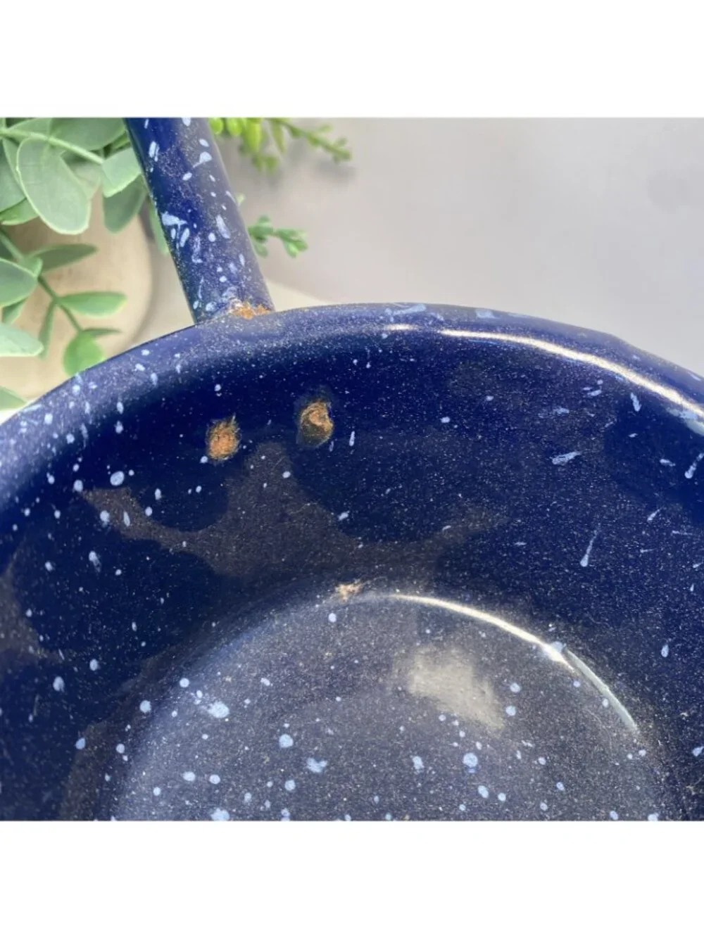Vintage Blue Speckled Enamelware Farmhouse Dipper Ladle Decor Flat Bottom
